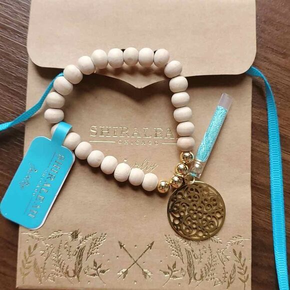 Bali Boho Wood Bead Tassel Bracelet Turquoise by Anthropologie brand Shiraleah - Picture 1 of 5